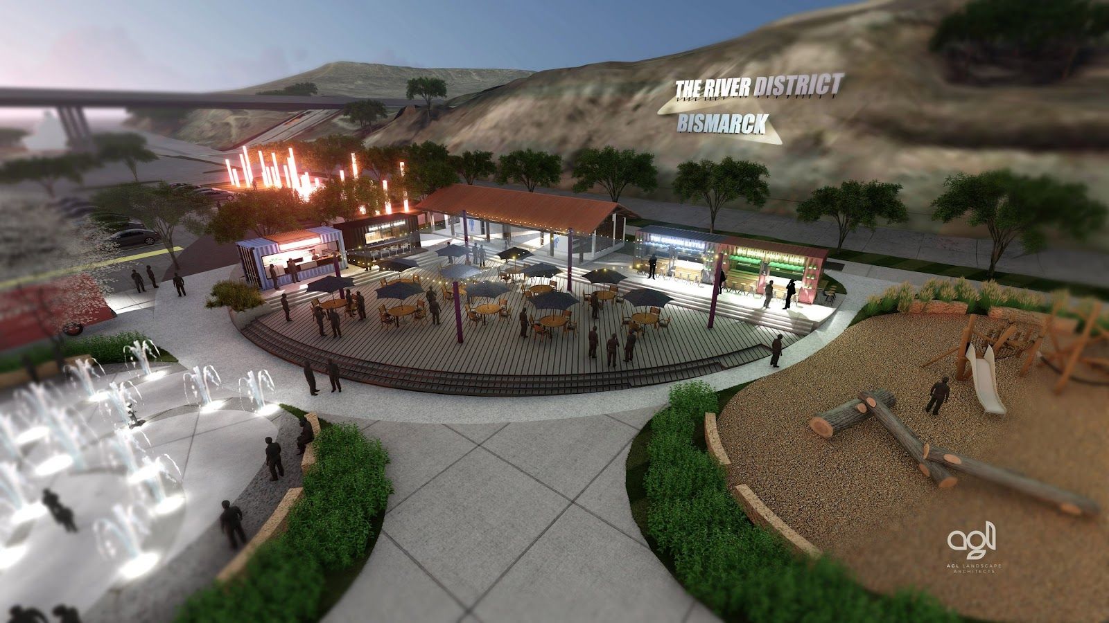 Plans are in motion to transform Keelboat Park into “The River District,” a family-friendly area on Bismarck’s Missouri River front with access to water recreation, concerts, parking, and vendors in addition to a small boutique-style hotel. Illustration Rendering Courtesy/AGL Landscape Architects.