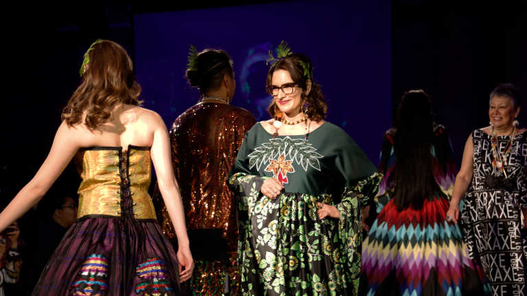 Minnesota Lt. Gov. Peggy Flanagan, White Earth Nation, sports an outfits by Spirit Lake Dakota Nation fashion designer Rebecca Mousseau on April 25, 2024, at Quincy Hall in the Minneapolis, Minnesota. (Bella Haveman, special to ICT)