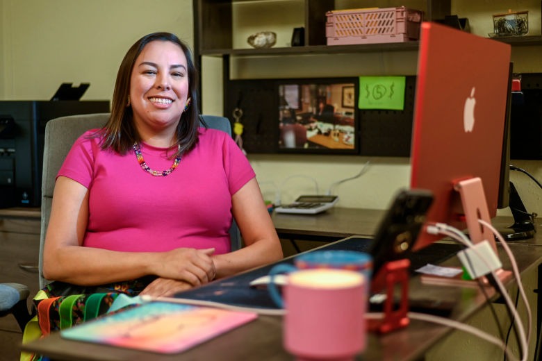 Cante Heart, He Sapa Otipi executive director, sits at her desk in the center's current location on Jackson Boulevard in Rapid City. (Photo by Matt Gade, ICT/Rapid City Journal)