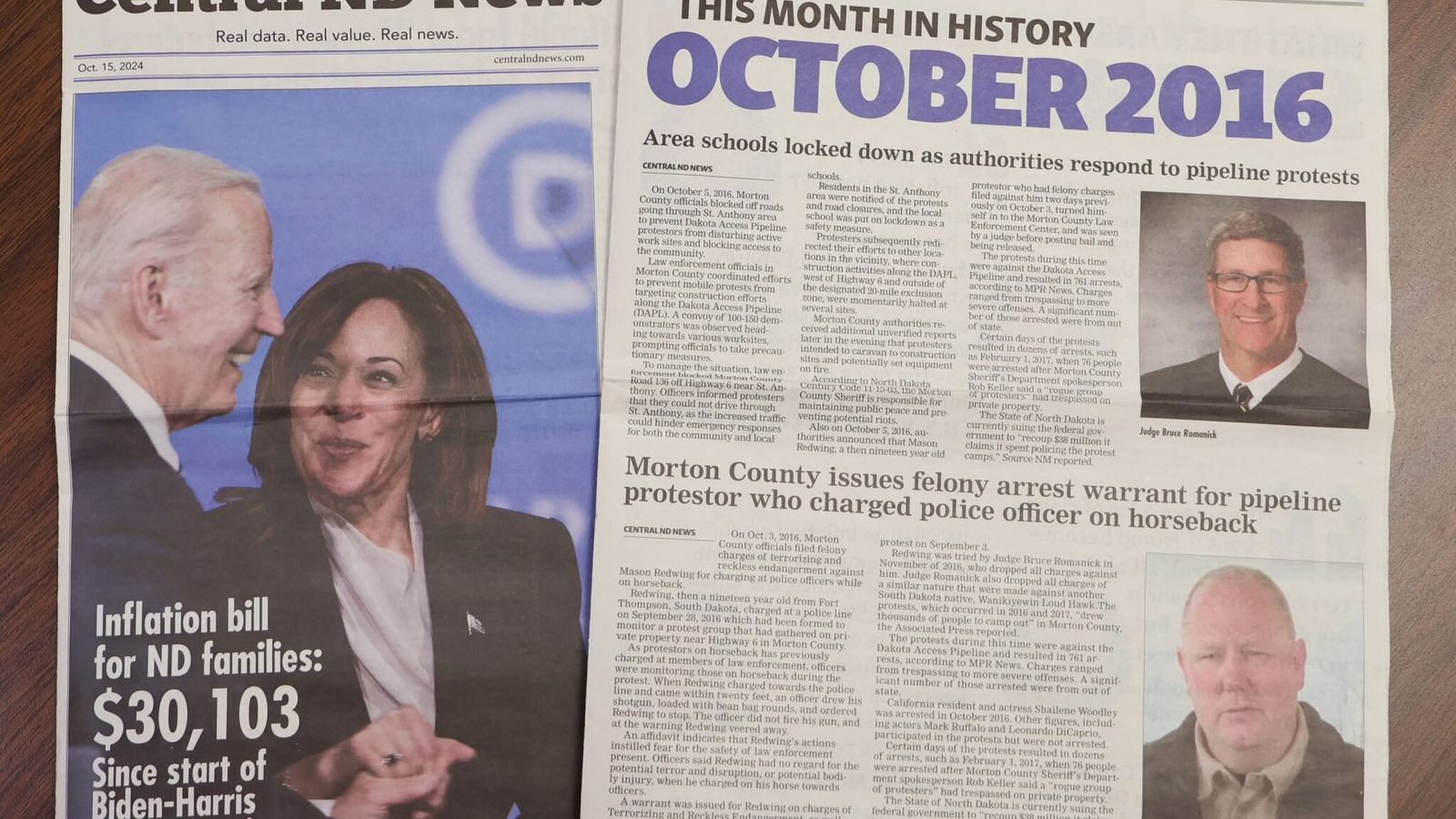 A print copy of the Central ND News, a conservative and pro-fossil fuel publication with unclear origins, was sent to some Mandan residents this fall. Environmental advocacy group Greenpeace has voiced concerns the mailer could influence jurors in its legal battle with pipeline company Energy Transfer. (Mary Steurer/North Dakota Monitor)