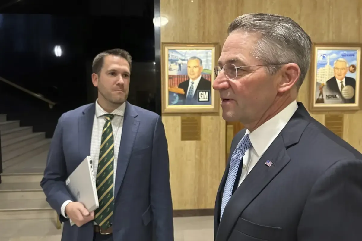 North Dakota Secretary of State Michael Howe, left, and Attorney General Drew Wrigley at the North Dakota Capitol, in this Sept. 29, 2023, file photo. A federal judge ruled against North Dakota’s top election official after determining the state’s 2021 redistricting map violated the Voting Rights Act for two Native American tribes. AP Photo/Jack Dura via ICT