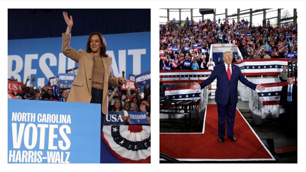 Democratic nominee Vice President Kamala Harris, left, campaigns on Nov. 2, 2024 in Charlotte, North Carolina, while the Republican nominee, former President Donald Trump, speaks to a crowd in Raleigh, North Carolina, on Nov. 4, 2024. (Getty photos, of Harris by Justin Sullivan and of Trump by Chip Somodevilla)