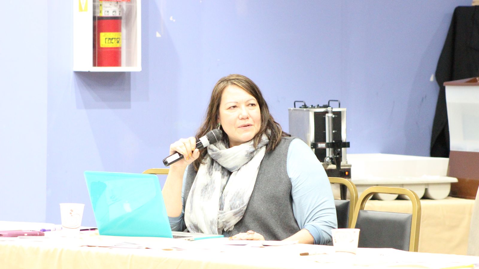 Jodi Rave Spotted Bear, executive director of the Indigenous Media Freedom Alliance, addresses members of the Great Plains Tribal Chairman's Association regarding media issues and the Great Plains tribes.