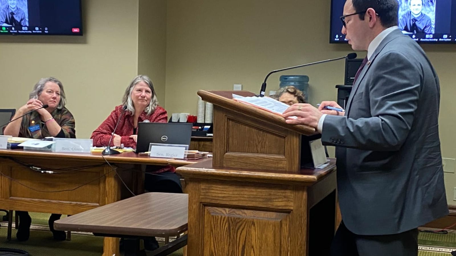 Montana Sen. Shane Morigeau, Salish, presents the details of his bill to establish Indigenous Peoples Day as a statewide holiday, replacing Columbus Day, during a public hearing in Helena, Montana Wednesday. (JoVonne Wagner/ICT, Montana Free Press)