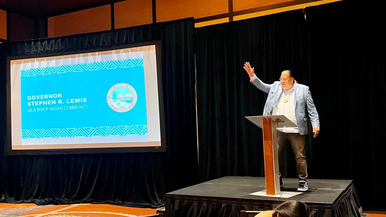 Gila River Indian Community Gov. Stephen Roe Lewis talks about the importance of Native voting in the state of Arizona during a celebration of the 75th anniversary honoring the Native right to vote in Arizona on July 14, 2023. (Photo by Shondiin Silversmith, Arizona Mirror)