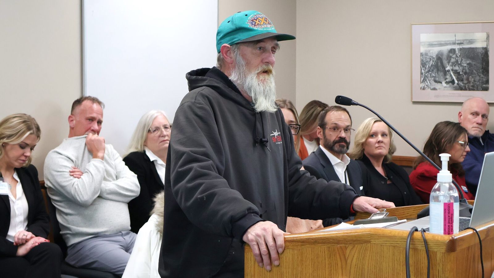 Dion Schilling speaks during a committee hearing on homelessness on Jan. 21, 2025. (Michael Achterling/North Dakota Monitor)