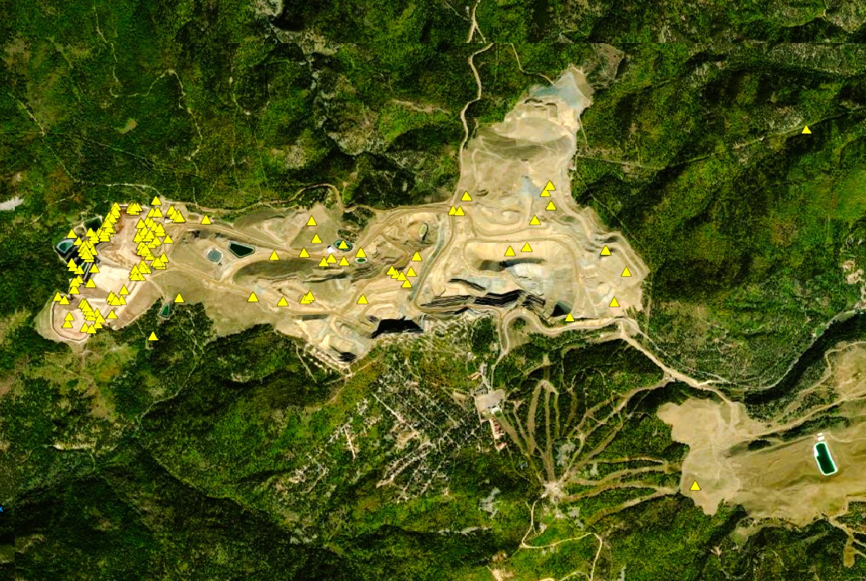 Department of Agriculture and Natural Resources map shows reported spills remediated and still under remediation in a 7.5 mile circumference of Wharf Gold Mine near Lead, South Dakota in the northern Black Hills. Photo credit/ Courtesy of SD DANR's interactive tool