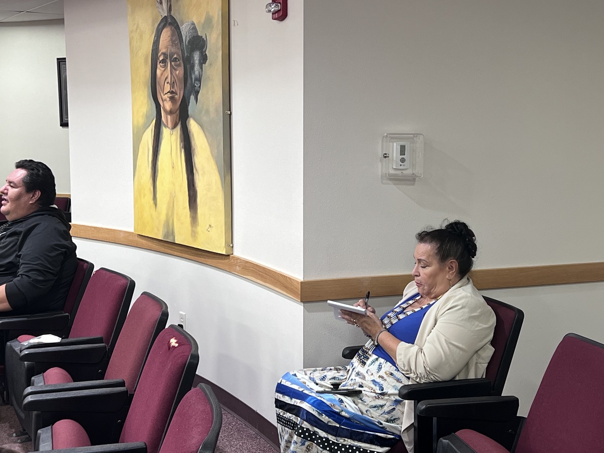Documenter Avis Red Bear takes notes on Oct. 2 during the Standing Rock Sioux Tribe’s monthly council meeting. (Photo Credit/ Jodi Rave Spotted Bear)