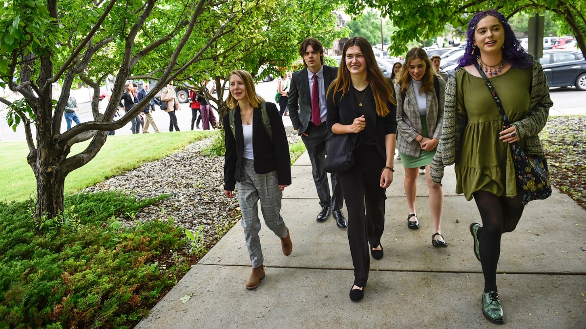 Youth plaintiffs in the climate change lawsuit Held vs. Montana arrive at the Lewis and Clark County Courthouse on June 12, 2023, for the first day of hearings in the trial. Credit: Thom Bridge / Independent Record
